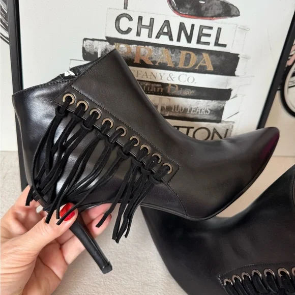 New Black Leather Fringe Pointed Toe Stiletto Heel Boots with Zipper - Picture 10 of 13